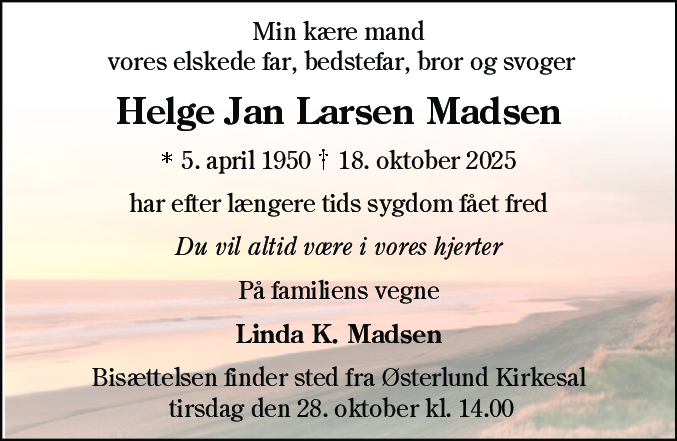 Dødsannonce for Helge Jan Larsen Madsen