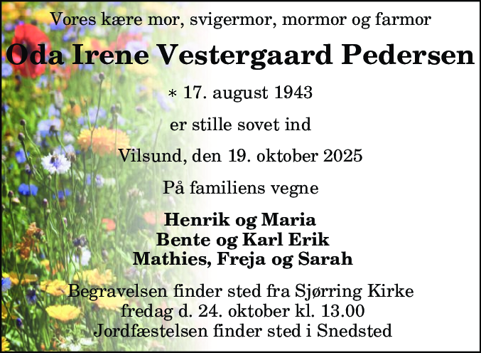 Dødsannonce for Oda Irene Vestergaard Pedersen