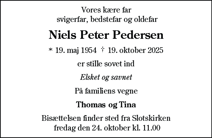 Dødsannonce for Niels Peter Pedersen
