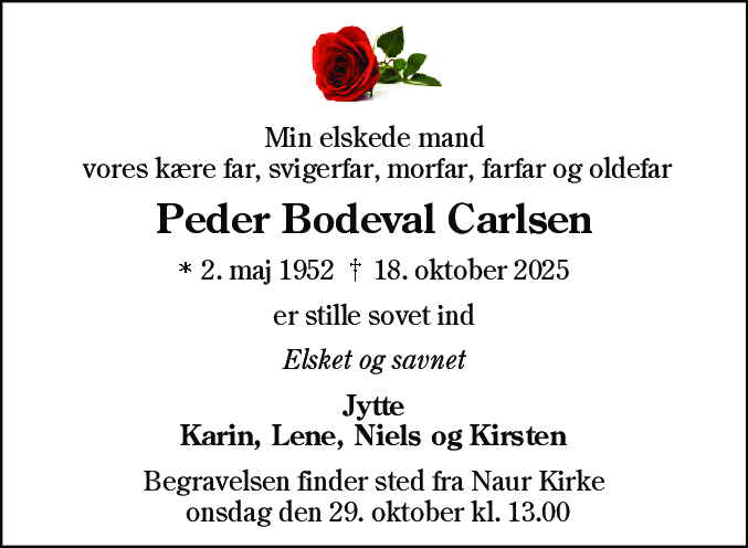 Dødsannonce for Peder Bodeval Carlsen