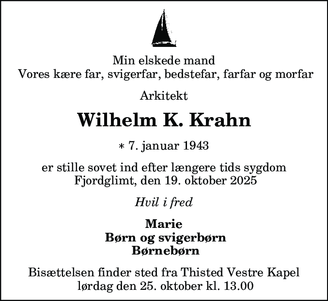 Dødsannonce for Wilhelm Karlskov Krahn