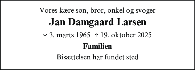 Dødsannonce for Jan Damgaard Larsen