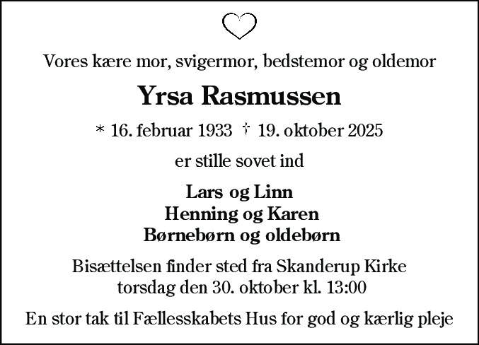 Dødsannonce for Yrsa Rasmussen