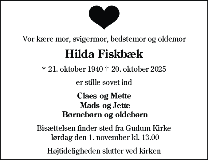 Dødsannonce for Hilda Fiskbæk