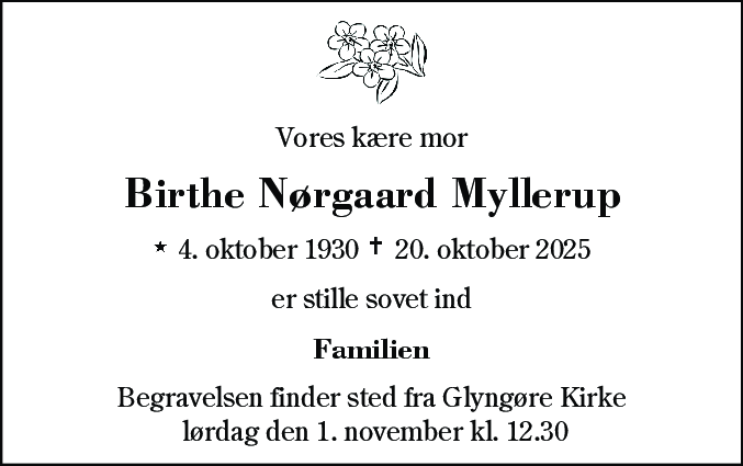 Dødsannonce for Birthe Nørgaard Myllerup