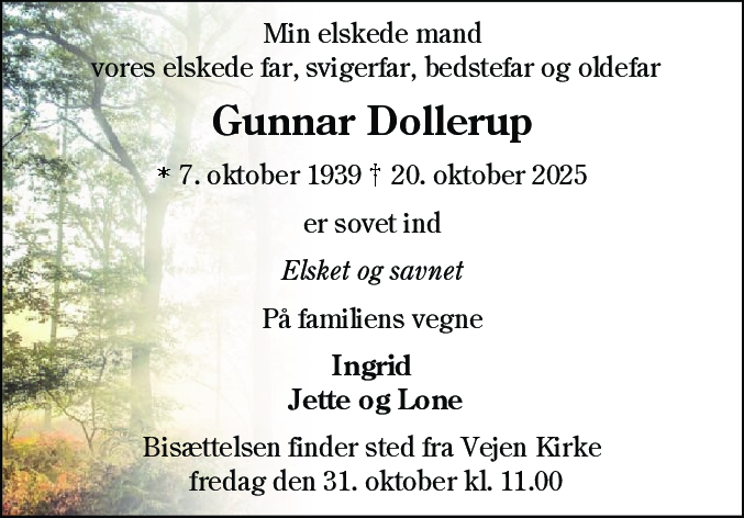 Dødsannonce for Gunnar Dollerup
