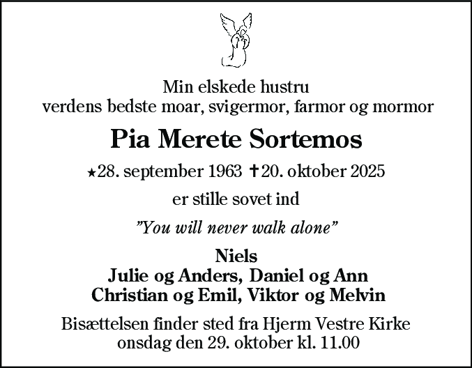 Dødsannonce for Pia Merete Sortemos