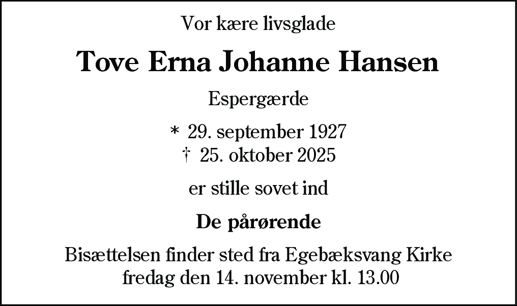 Dødsannonce for Tove Erna Johanne Hansen