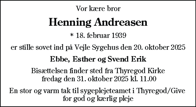 Dødsannonce for Henning Andreasen