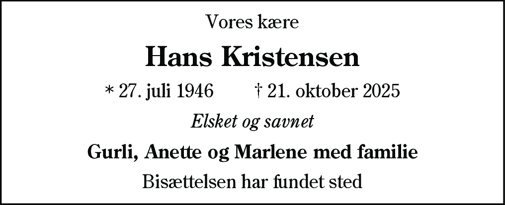 Dødsannonce for Hans Kristensen