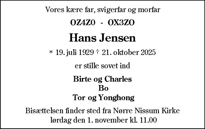 Dødsannonce for Hans Jensen