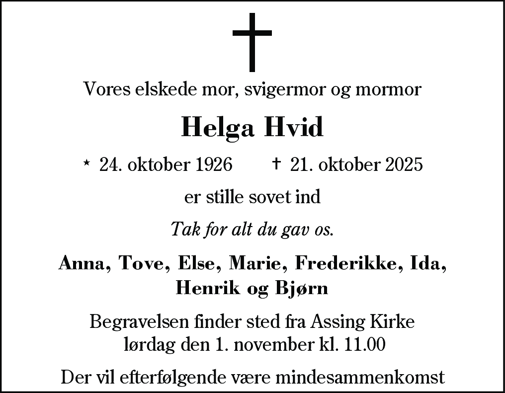 Dødsannonce for Helga Hvid