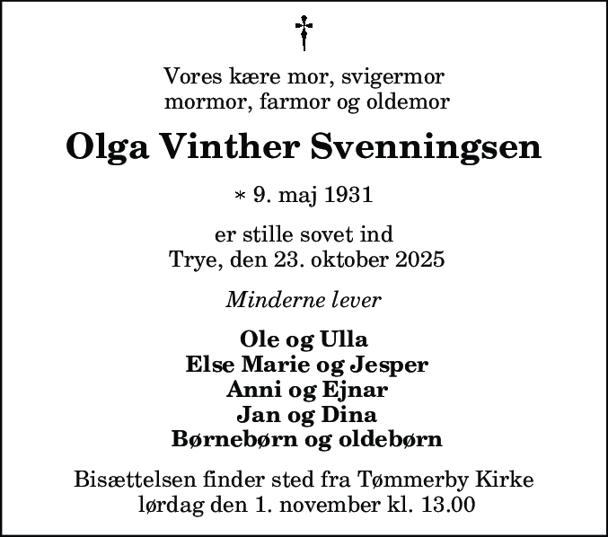 Dødsannonce for Olga Vinther Svenningsen