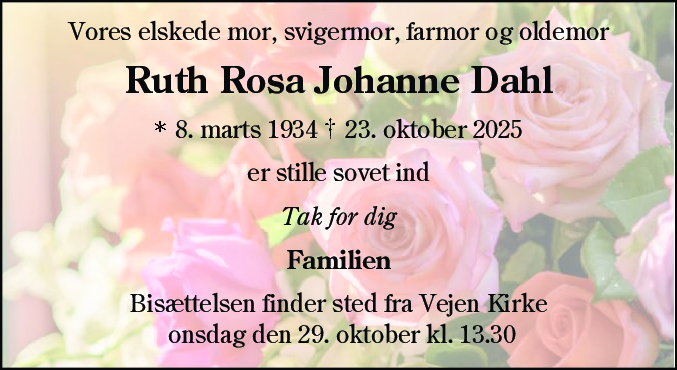Dødsannonce for Ruth Rosa Johanne Dahl