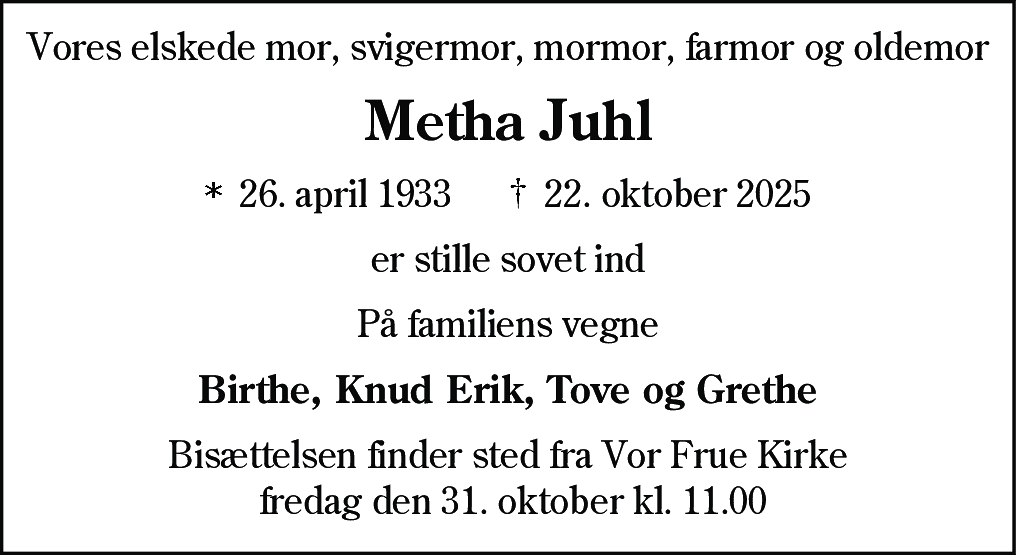 Dødsannonce for Metha Gunhilda Juhl