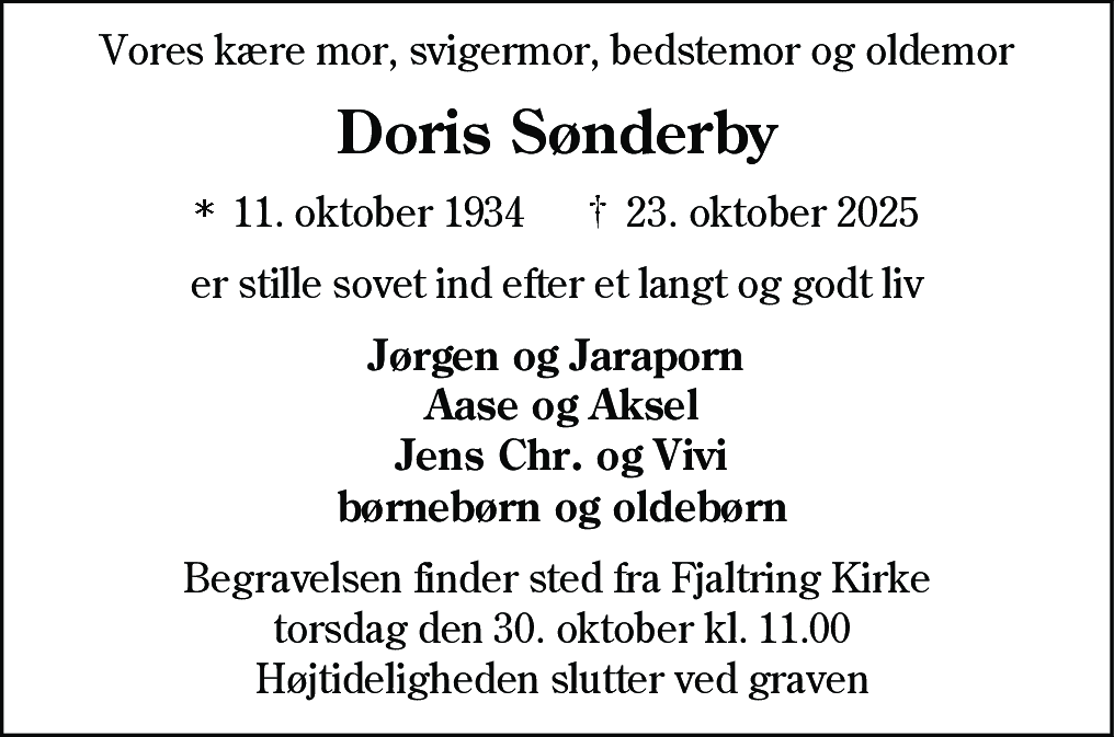 Dødsannonce for Doris Sønderby