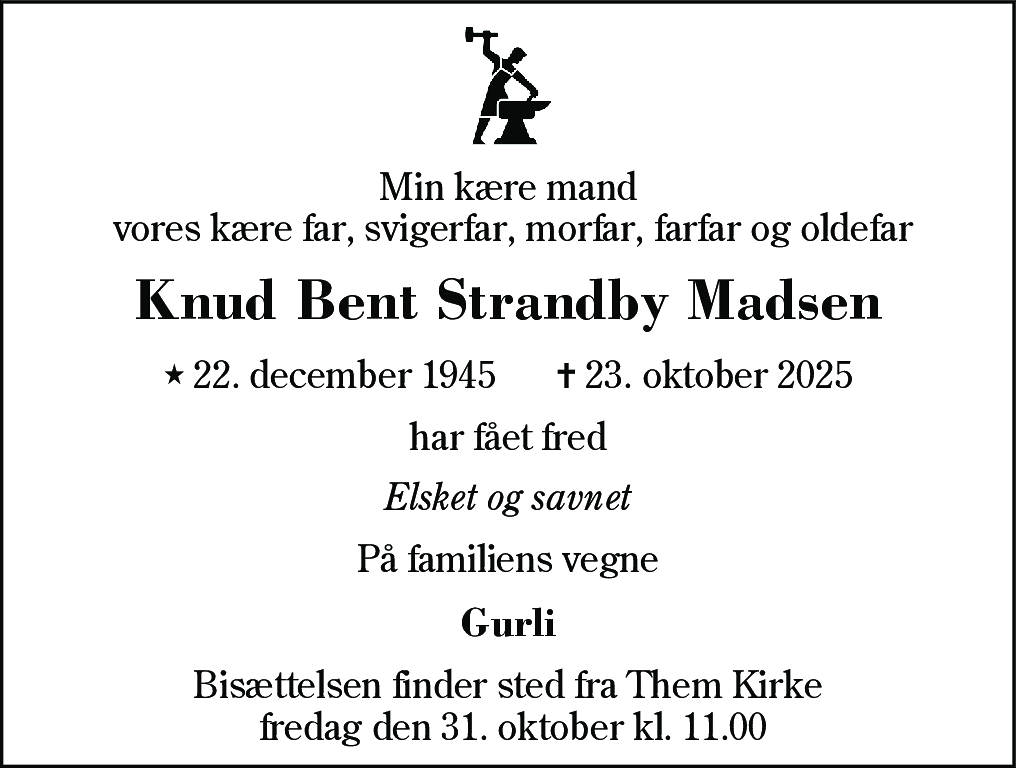 Dødsannonce for Knud Bent Strandby Madsen