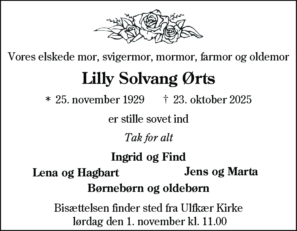 Dødsannonce for Lilly Solvang Ørts