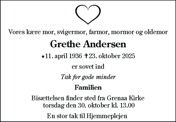 Dødsannonce for Grethe Andersen