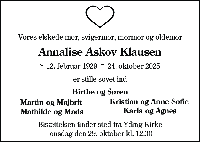 Dødsannonce for Annalise Askov Klausen