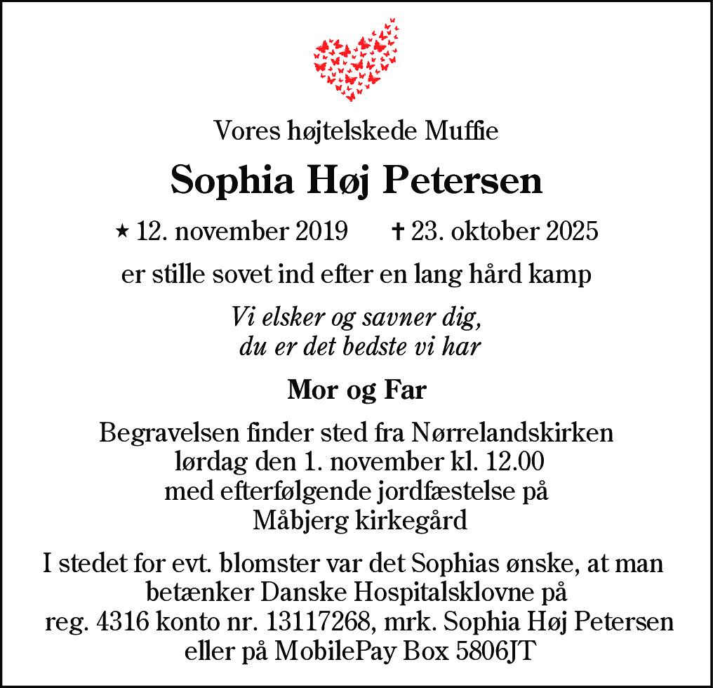 Dødsannonce for Sophia Høj Petersen