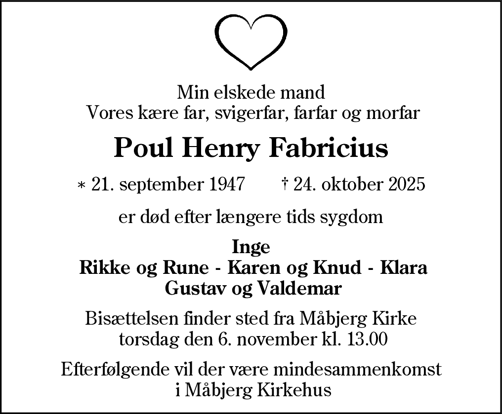 Dødsannonce for Poul Henry Fabricius