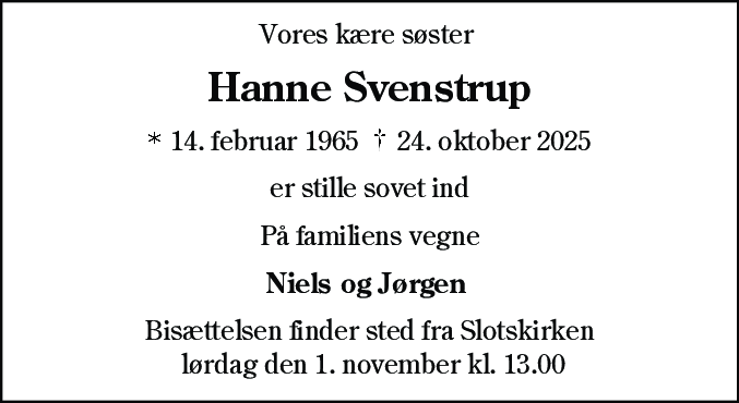 Dødsannonce for Hanne Svenstrup