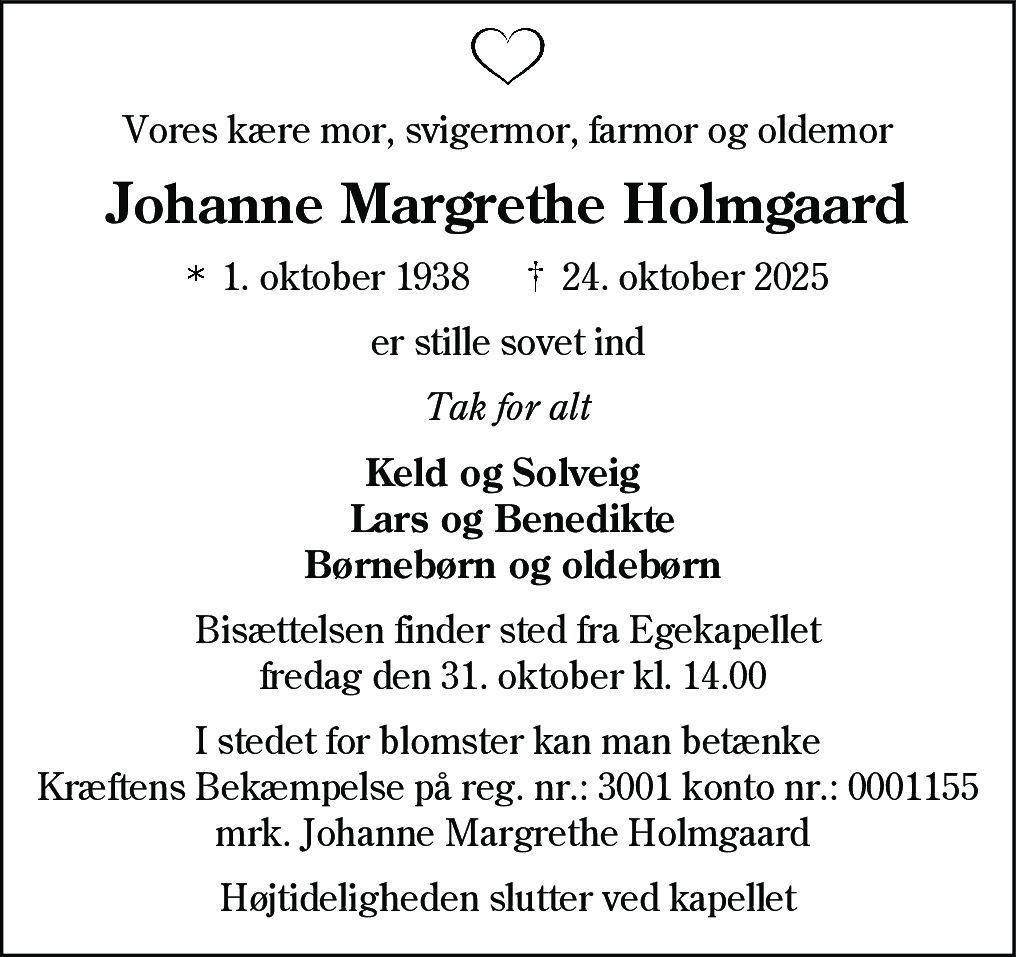 Dødsannonce for Johanne Margrethe Holmgaard