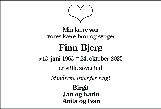 Dødsannonce for Finn Bjerg