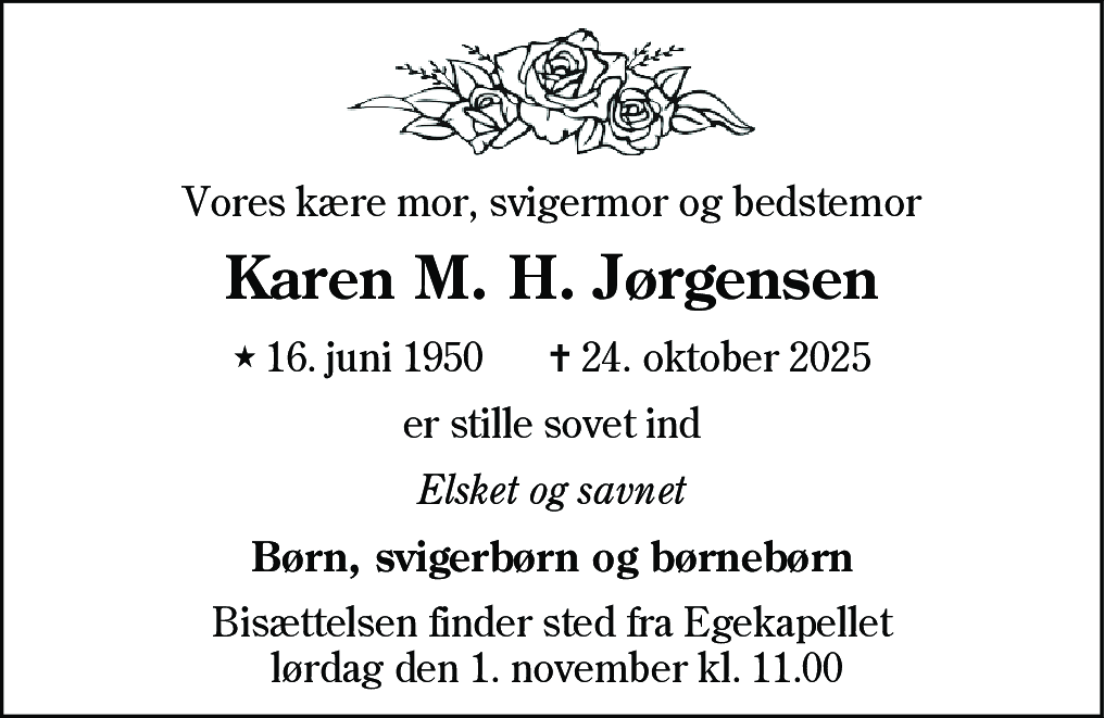 Dødsannonce for Karen Marie Hornshøj Jørgensen