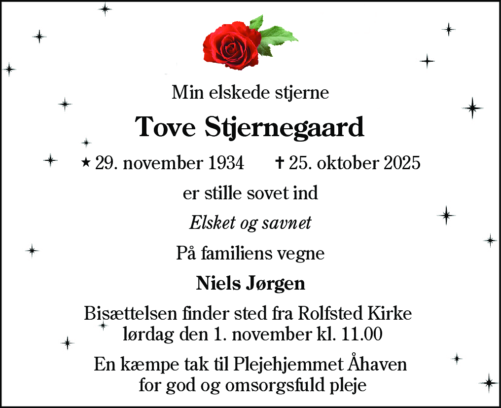 Dødsannonce for Tove Stjernegaard