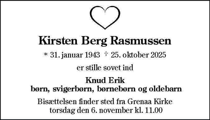 Dødsannonce for Kirsten Berg Rasmussen
