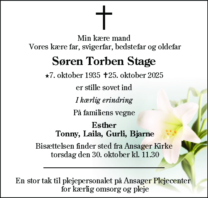Dødsannonce for Søren Torben Stage