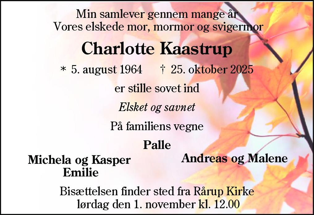 Dødsannonce for Charlotte Kaastrup