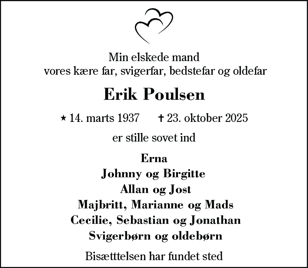 Dødsannonce for Erik Poulsen