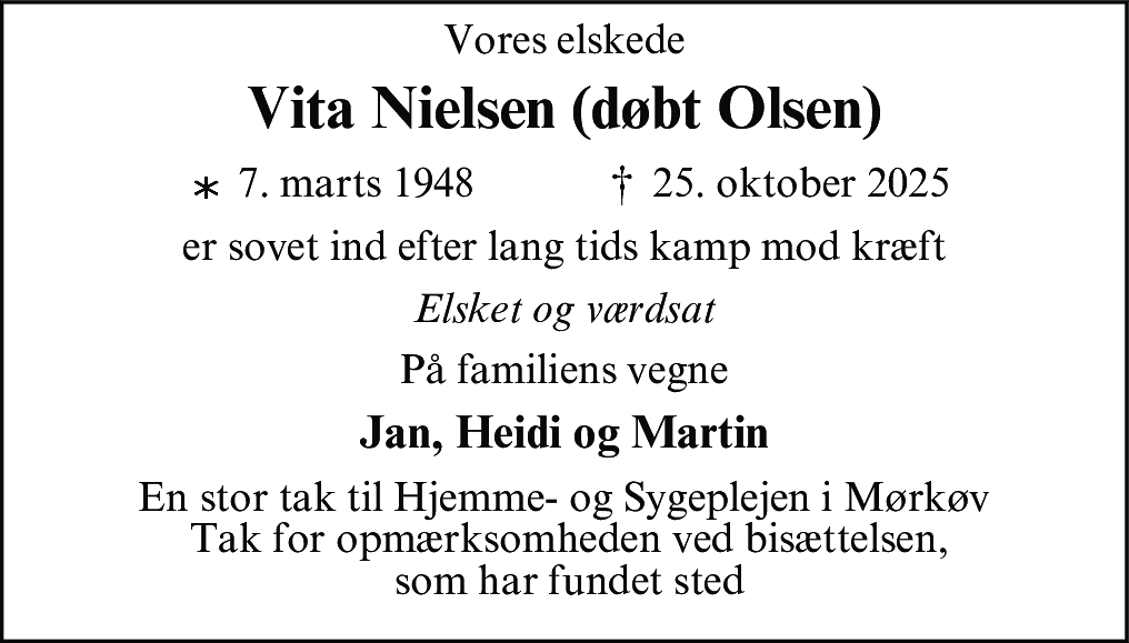 Dødsannonce for Vita Nielsen