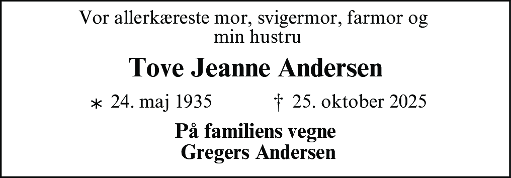 Dødsannonce for Tove Jeanne Andersen