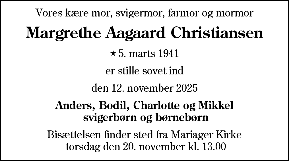 Dødsannonce for Margrethe Aagaard Christiansen