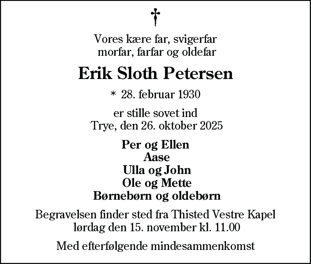 Dødsannonce for Erik Sloth Petersen