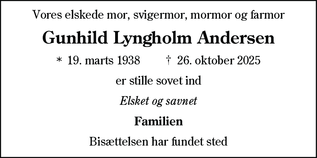Dødsannonce for Gunhild Lyngholm Andersen