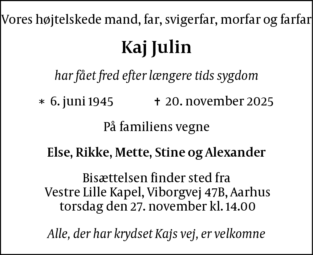 Dødsannonce for Kaj Julin