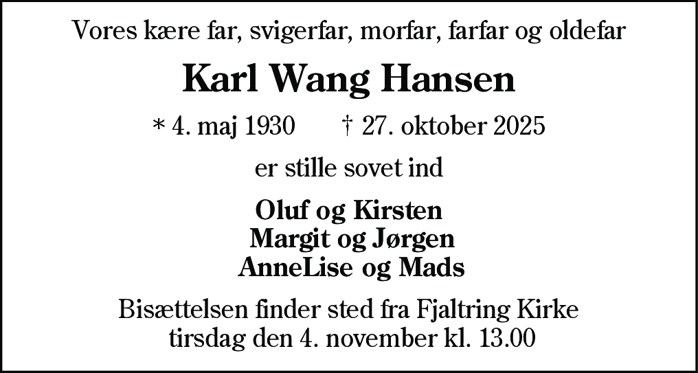Dødsannonce for Karl Wang Hansen