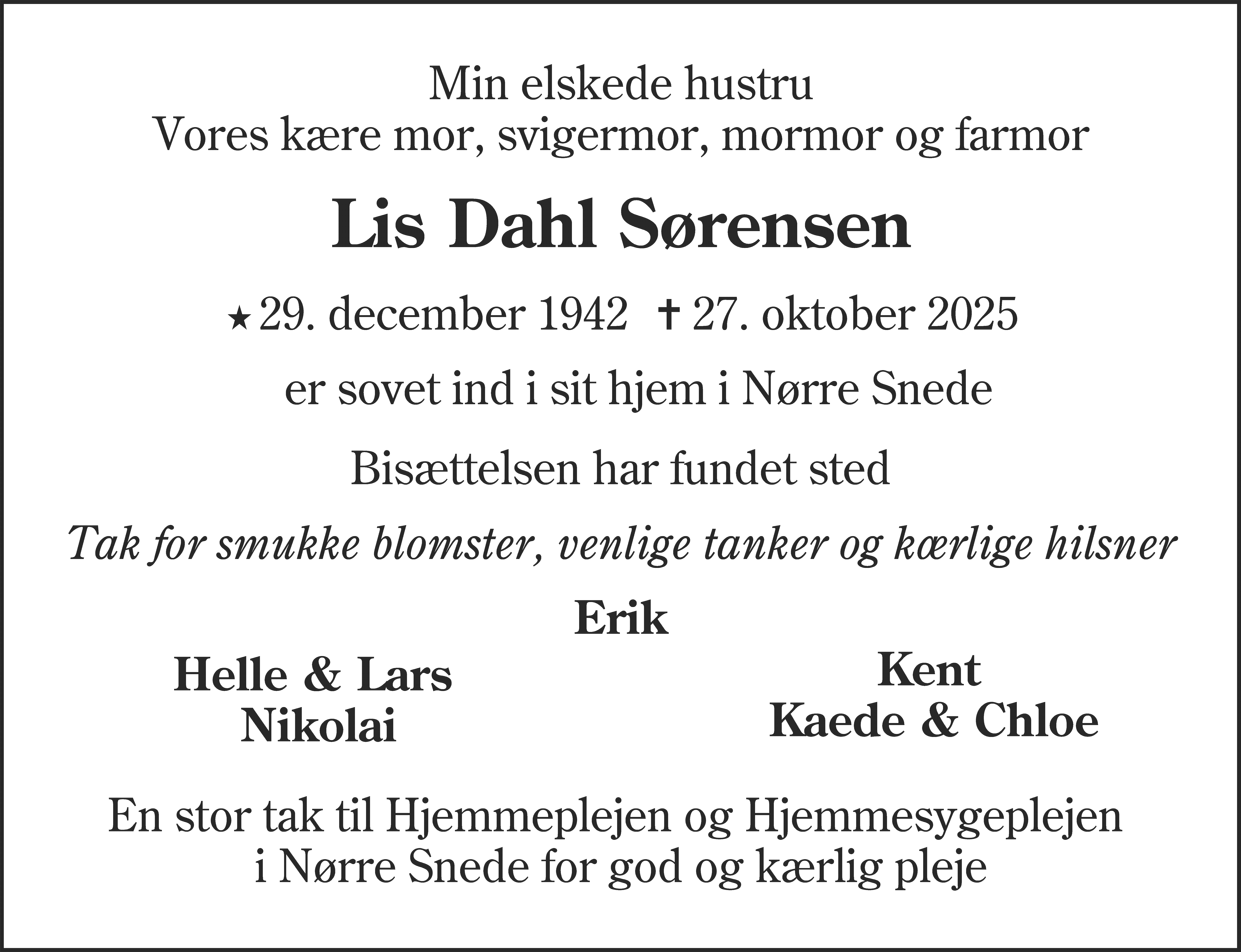 Dødsannonce for Lis Dahl Sørensen