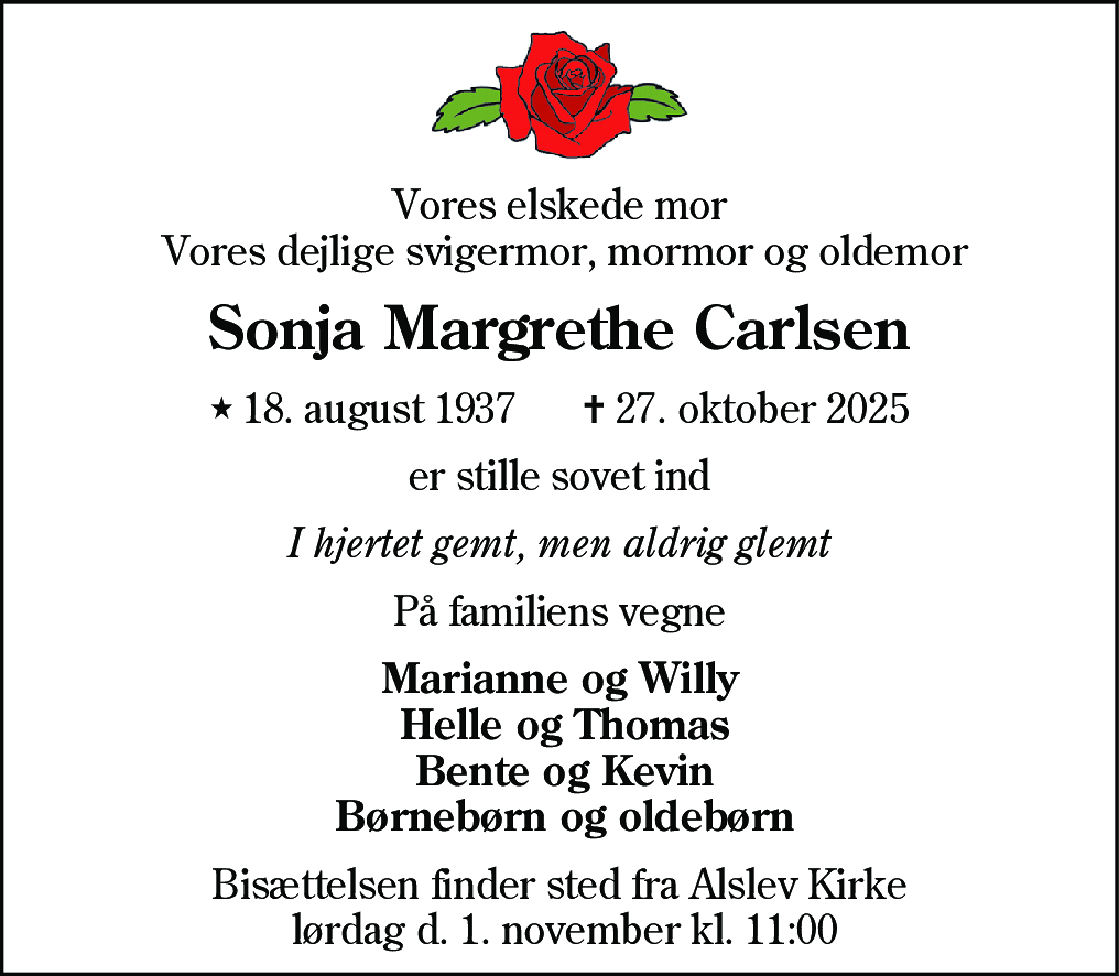 Dødsannonce for Sonja Margrethe Carlsen
