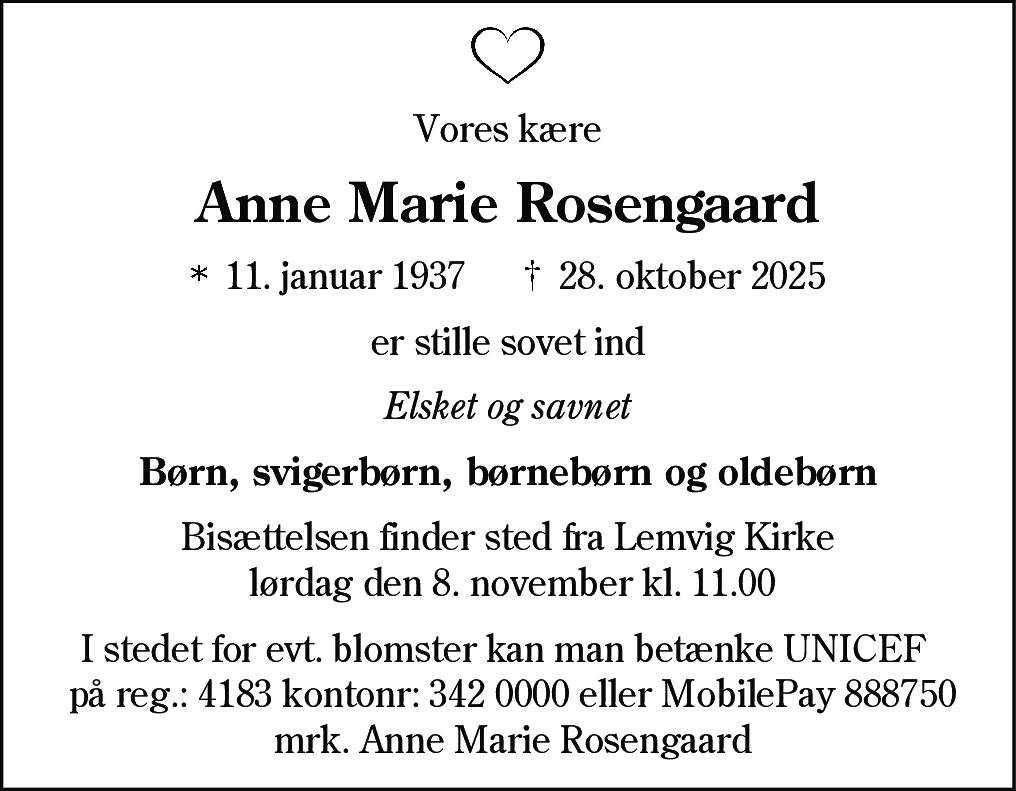 Dødsannonce for Anne Marie Rosengaard