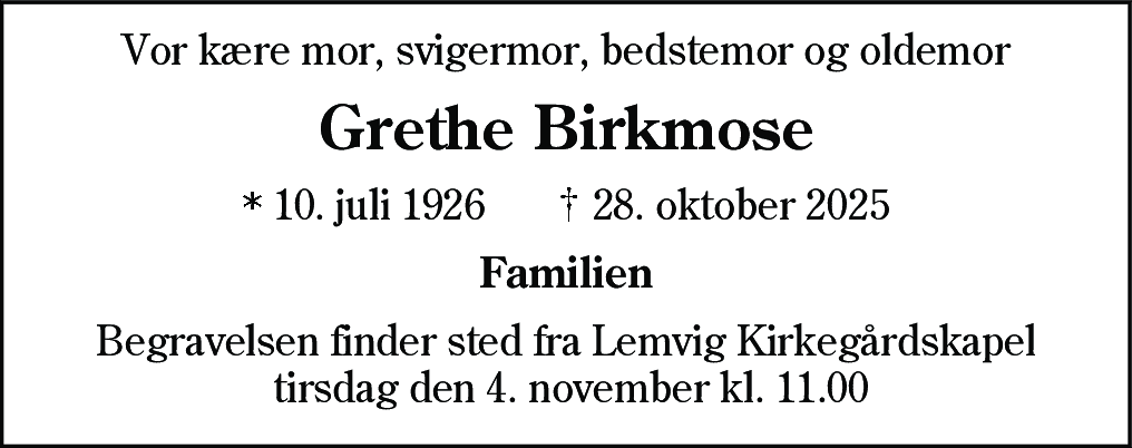 Dødsannonce for Grethe Birkmose