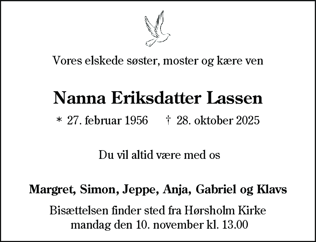 Dødsannonce for Nanna Eriksdatter Lassen