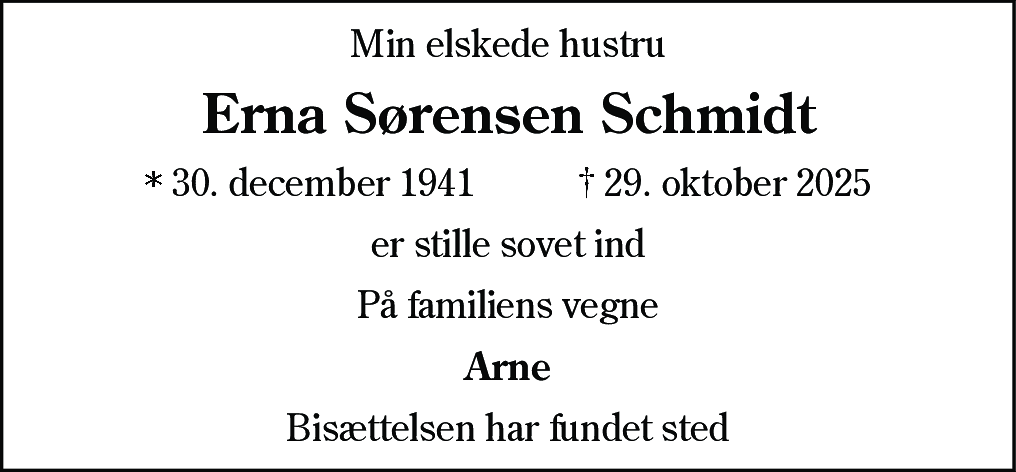 Dødsannonce for Erna Sørensen Schmidt