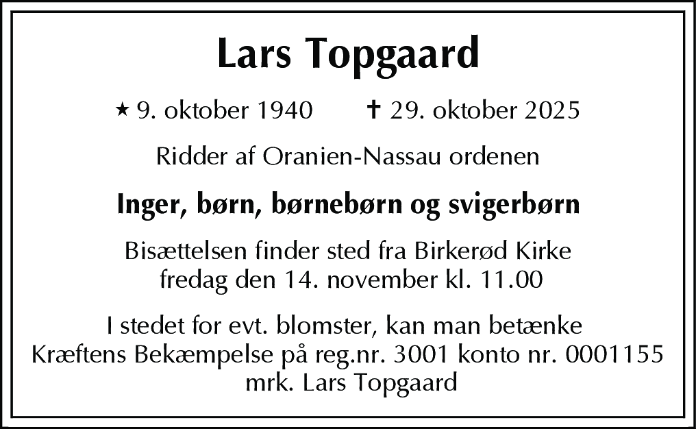 Dødsannonce for Lars Topgaard