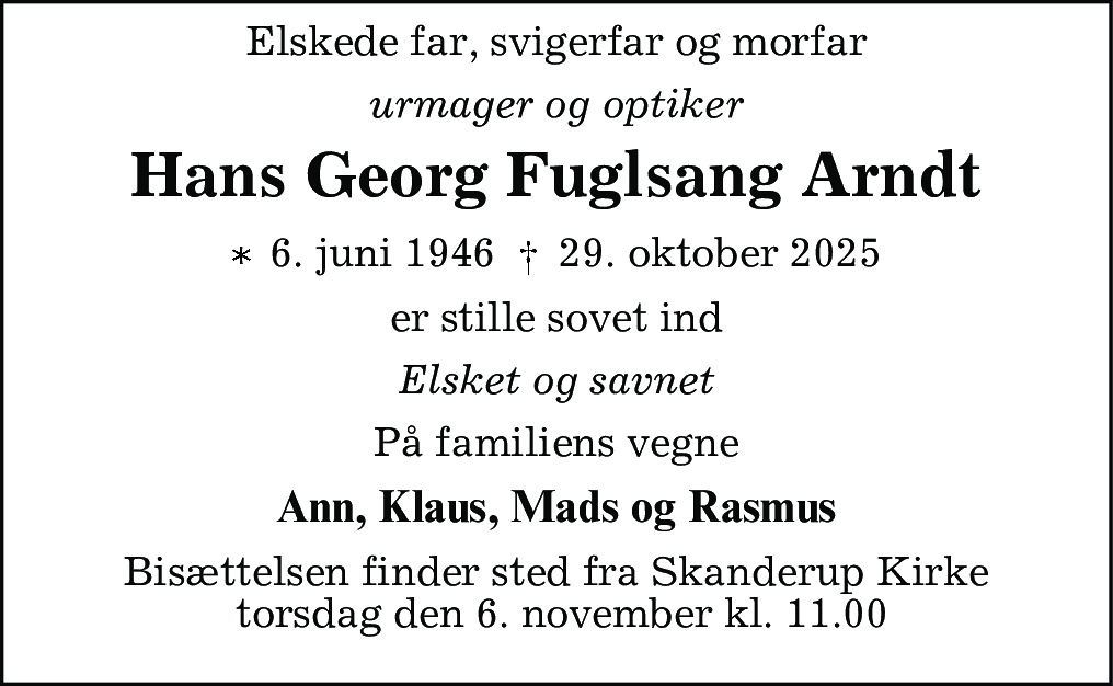Dødsannonce for Hans Georg Fuglsang Arndt